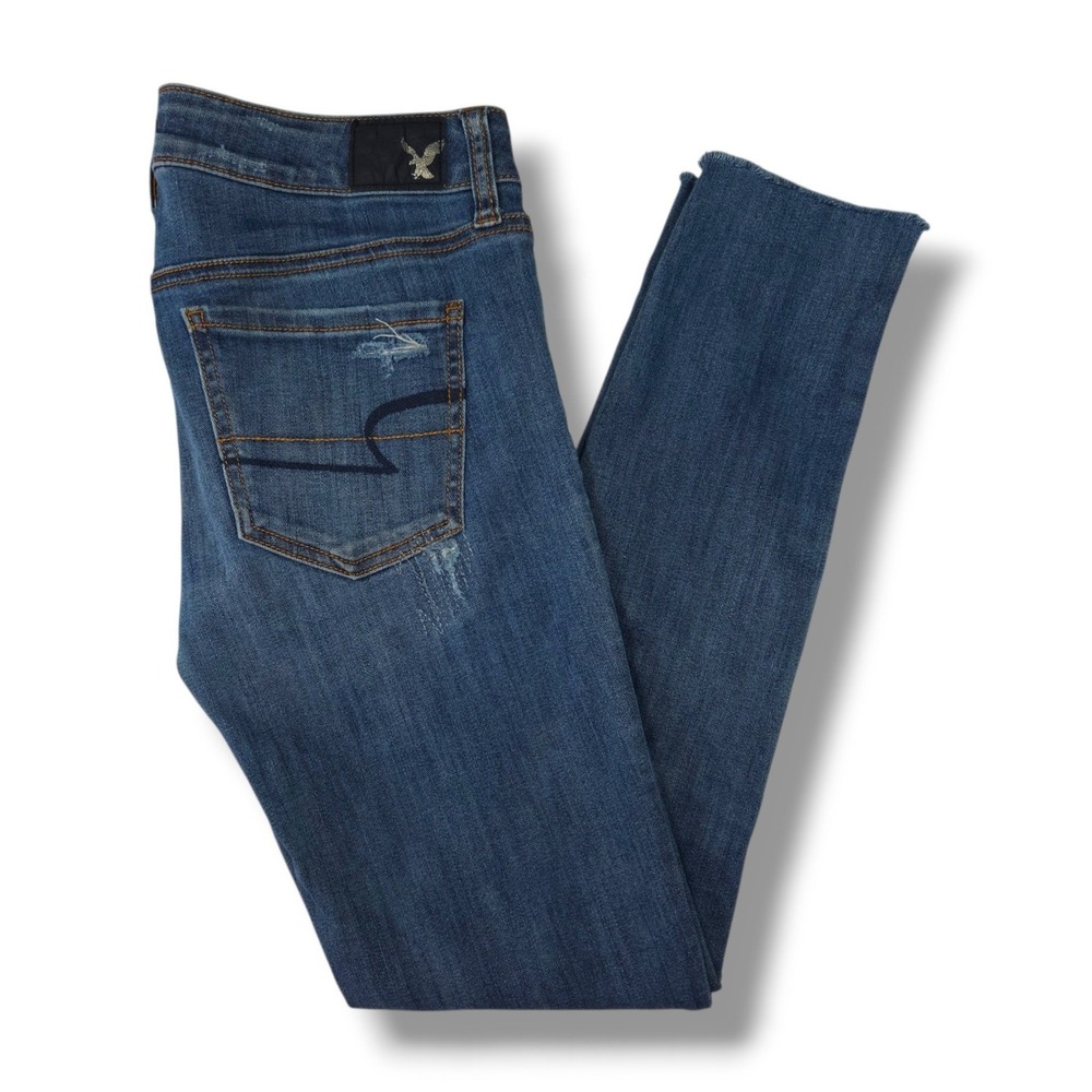 American Eagle Super Low Jegging Distressed Raw‎ Split Hem Medium Wash Stretch 4